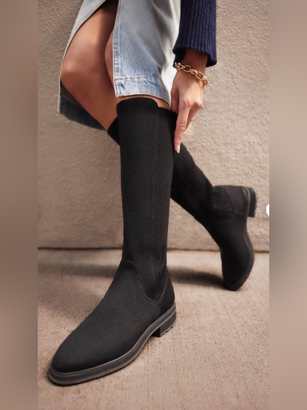 Rothy’s Tall Lug Boot 8.5 Black Knit Knee High Riding Pull On Boots